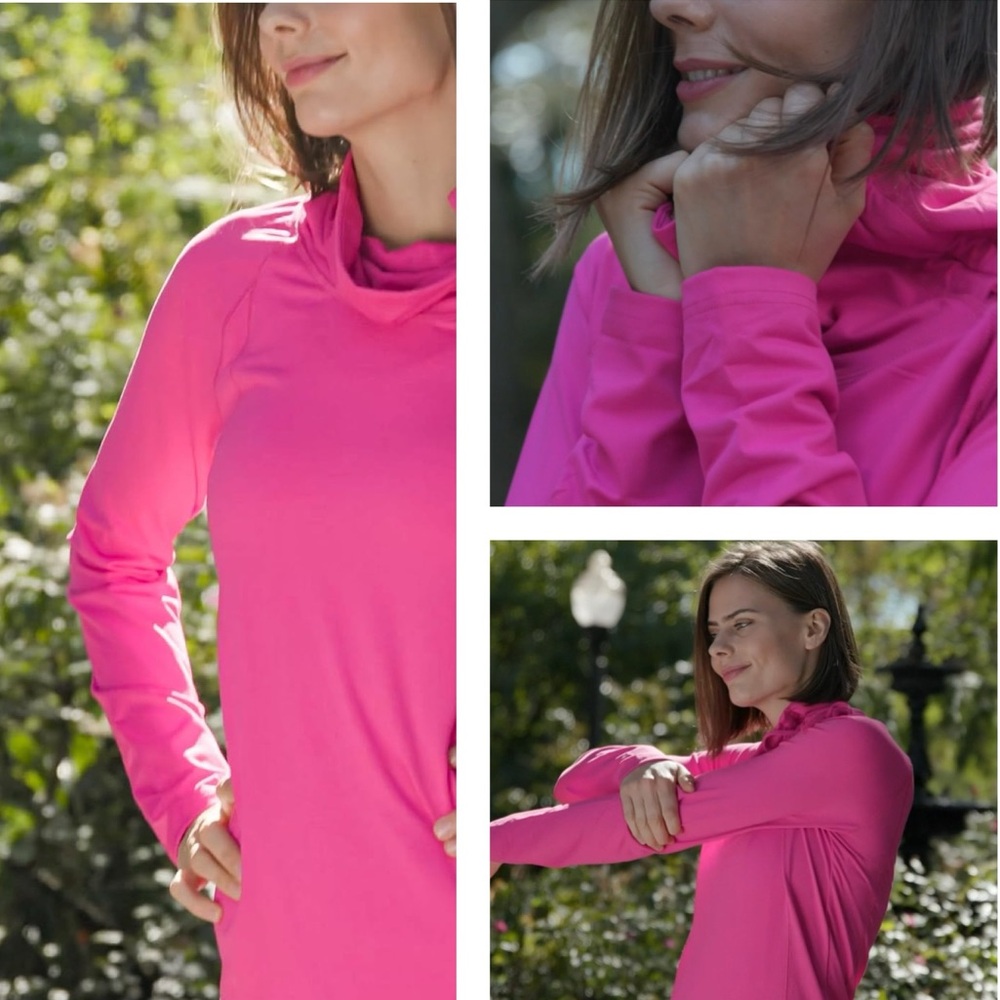 Cowl Neck Athletic Top Long Sleeve Ruched Neck Pink Purple Magenta Size Large